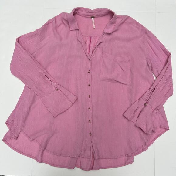Free People Gauze Shirt Long Sleeve Pink Stripe Pocket High Low Button Up XS - Picture 4 of 11
